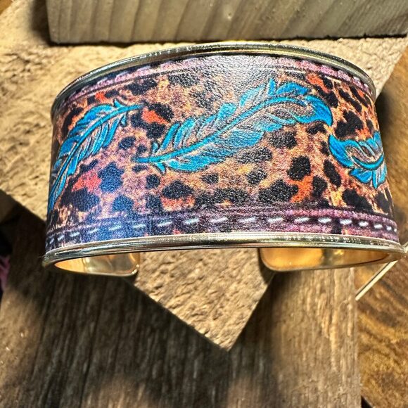 Boho Southwestern Feather Turquoise Floral Wide Cuff Bangle Bracelet, Ships in - Picture 4 of 8